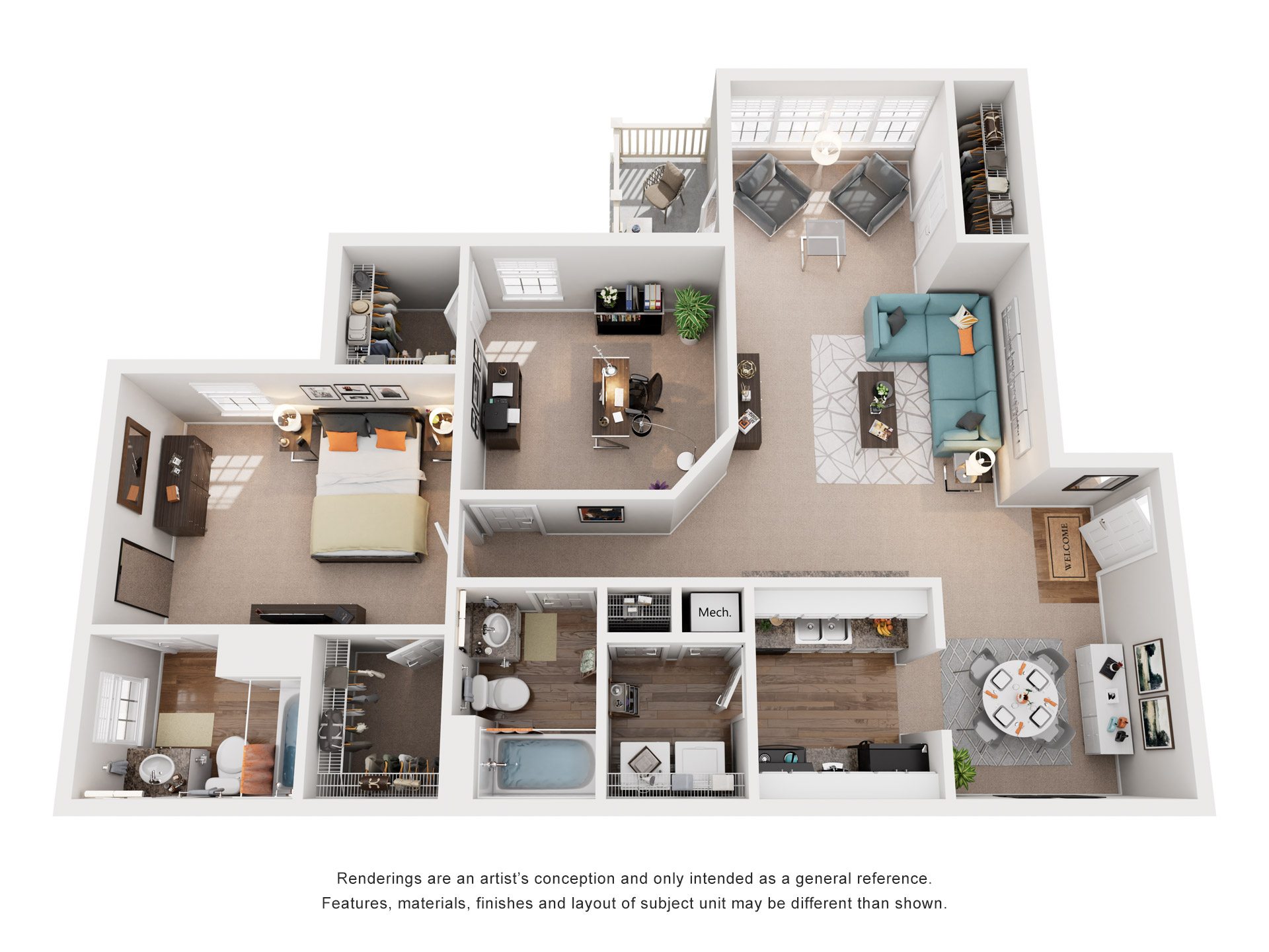 Floor plan for 2 beds, 2 baths, 1253 sqft